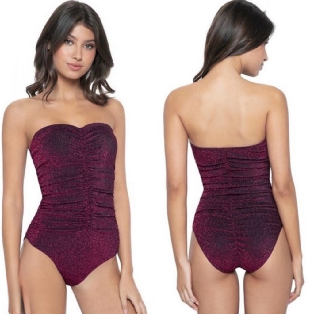 Pq Swim Garnet Ruched One Piece Women’s Strapless Burgundy Swimsuit Size Small